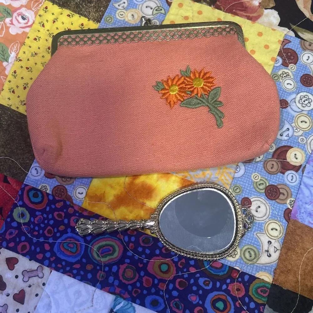 Vintage Embroidered Purse & Mirror Cottage, Artsy Feminine 60s Floral